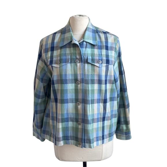 VINTAGE ALFRED DUNNER Jacket Womens Size 16P Green Plaid Grandma Shacket - Picture 1 of 10
